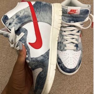 Nike Dunk High White, Denim Wash & Red Accents